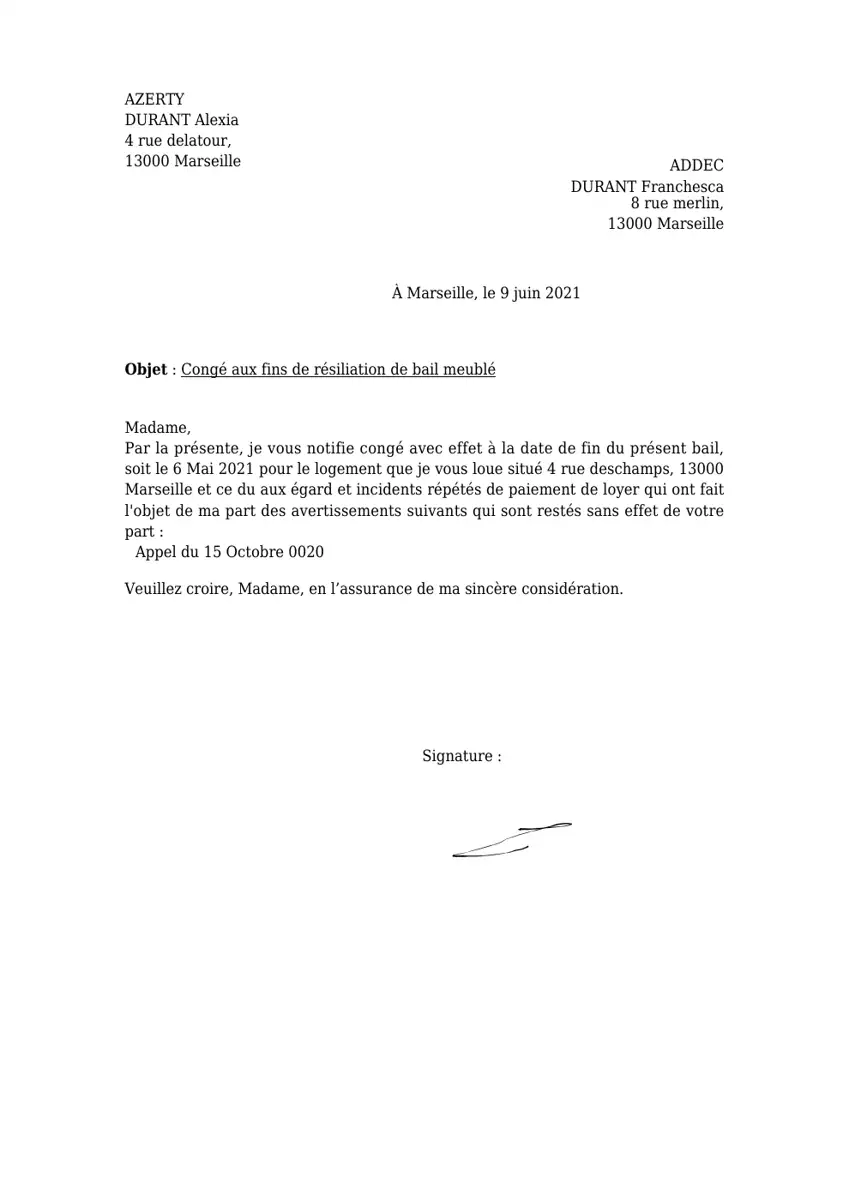 Exemple 1 — Lettre de préavis location par le bailleur — page 1