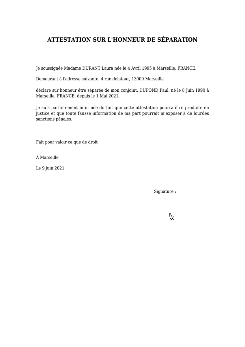 Exemple 1 — Attestation de Séparation — page 1