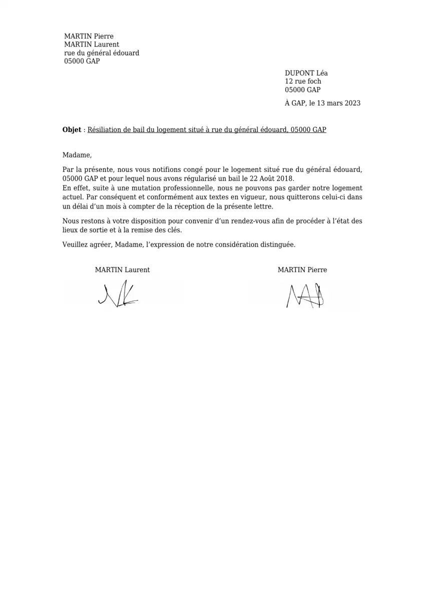 Exemple 1 — Résiliation du contrat de location par le locataire — page 1