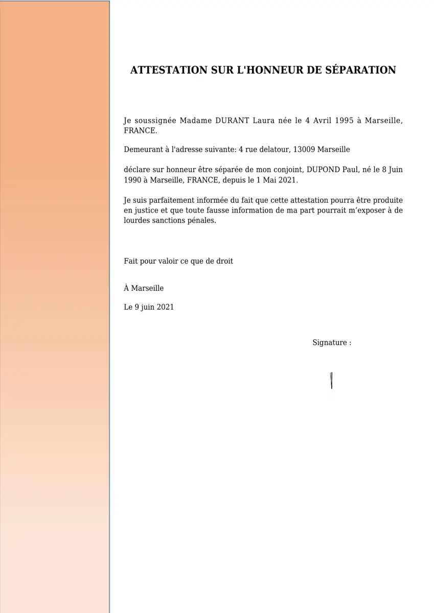 Exemple 2 — Attestation de Séparation — page 1
