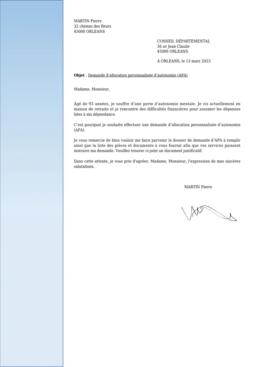 Exemple 2 — Demande Allocation Personnalisée Autonomie — page 1