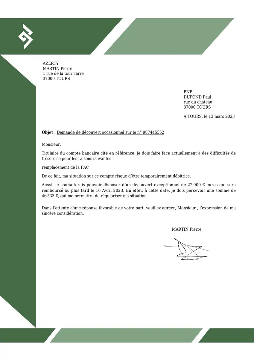 Exemple 2 — Demande de Découvert — page 1