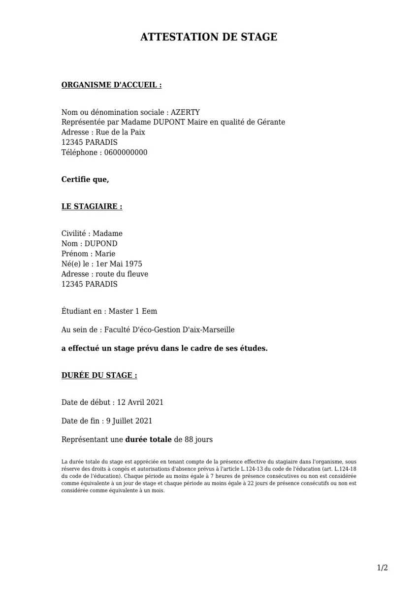 Exemple 1 — Attestation de Stage — page 1