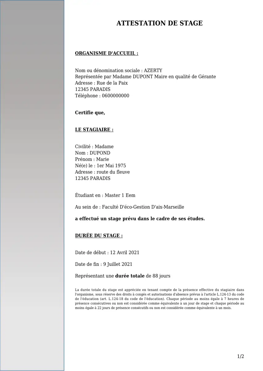 Exemple 2 — Attestation de Stage — page 1