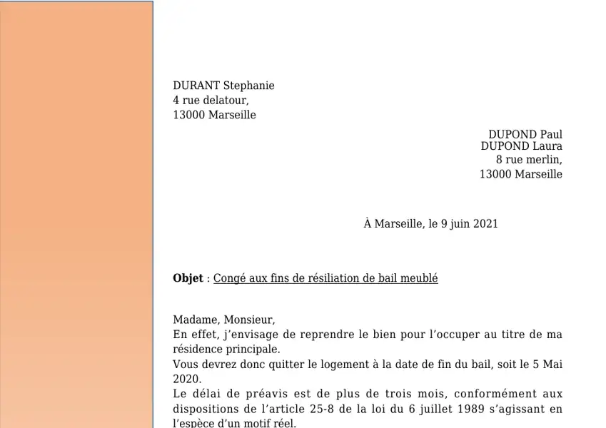 Exemple 2 — Lettre de préavis location par le bailleur — page 1