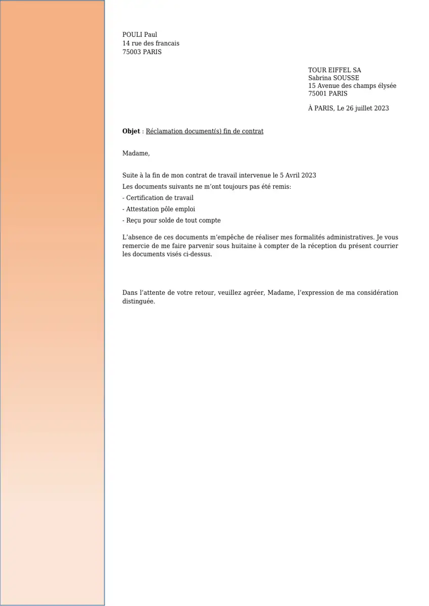 Exemple 2 — Réclamation documents fin de contrat de travail — page 1