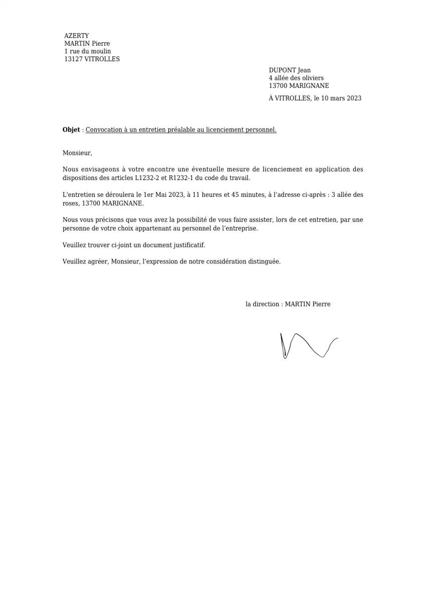Exemple 1 — Convocation entretien préalable licenciement — page 1