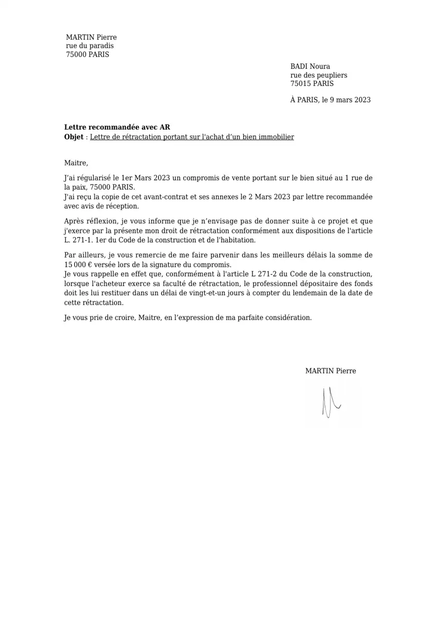 Exemple 1 — Rétractation Achat Bien Immobilier — page 1