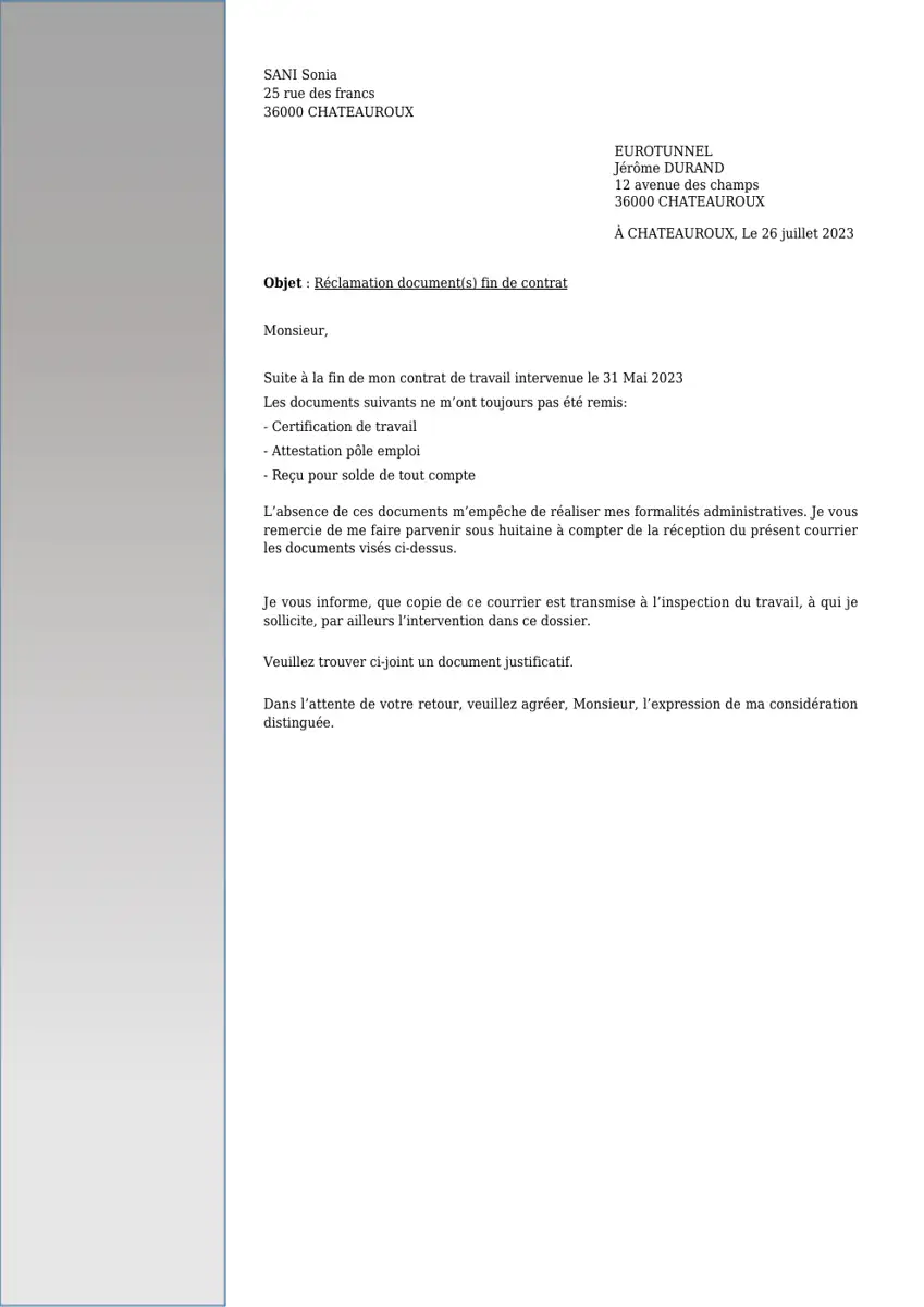 Exemple 1 — Réclamation documents fin de contrat de travail — page 1