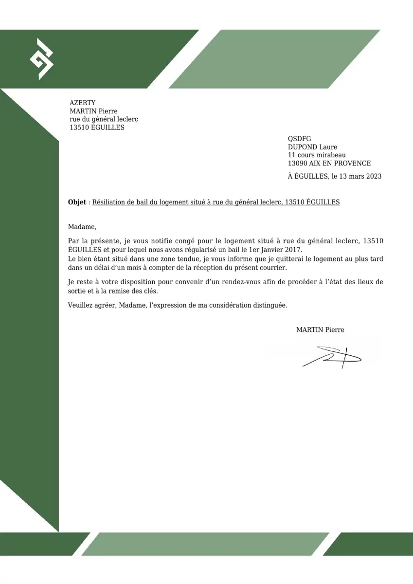 Exemple 2 — Résiliation du contrat de location par le locataire — page 1