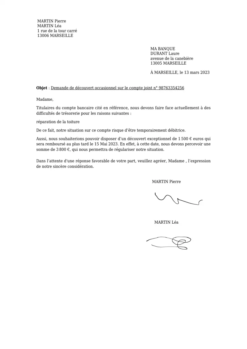 Exemple 1 — Demande de Découvert — page 1