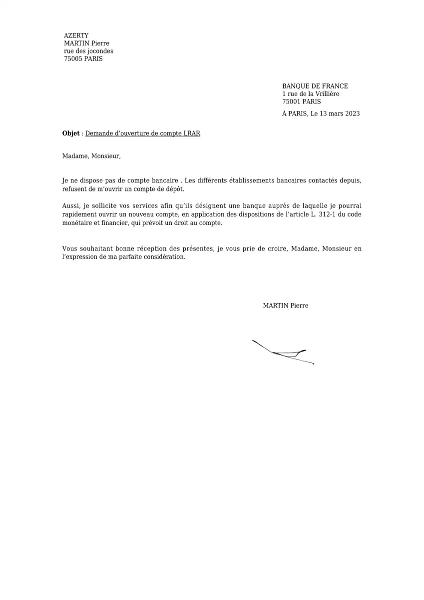 Exemple 1 — Ouverture de Compte Banque de France — page 1