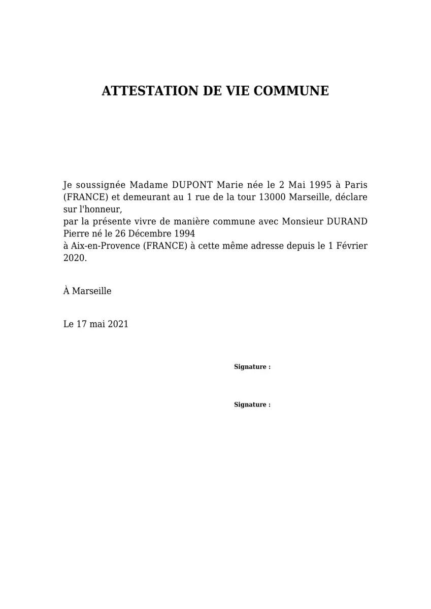 Exemple 1 — Attestation Vie Commune — page 1