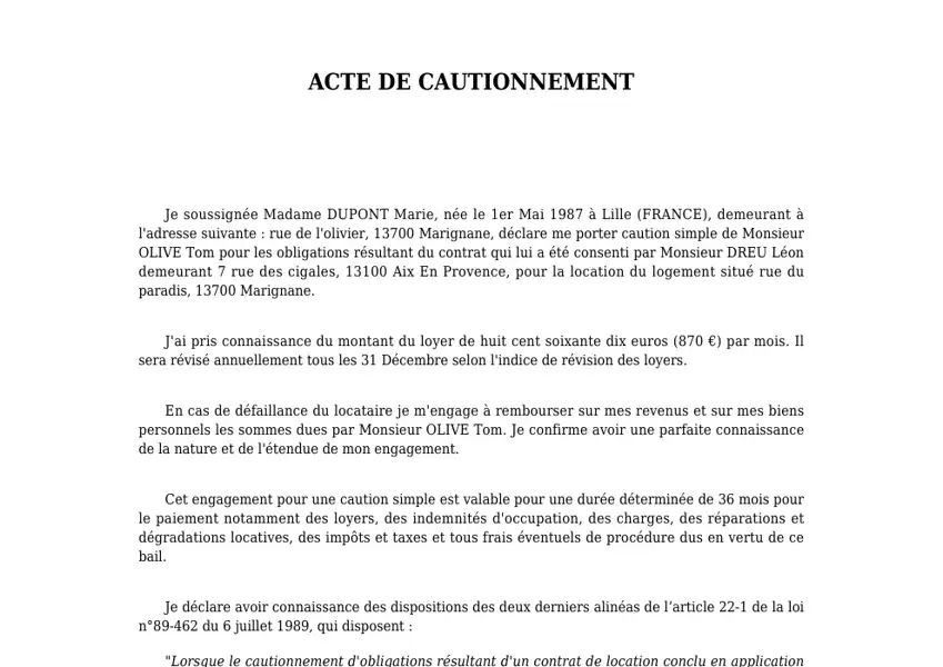 Exemple 1 — Acte de Cautionnement — page 1