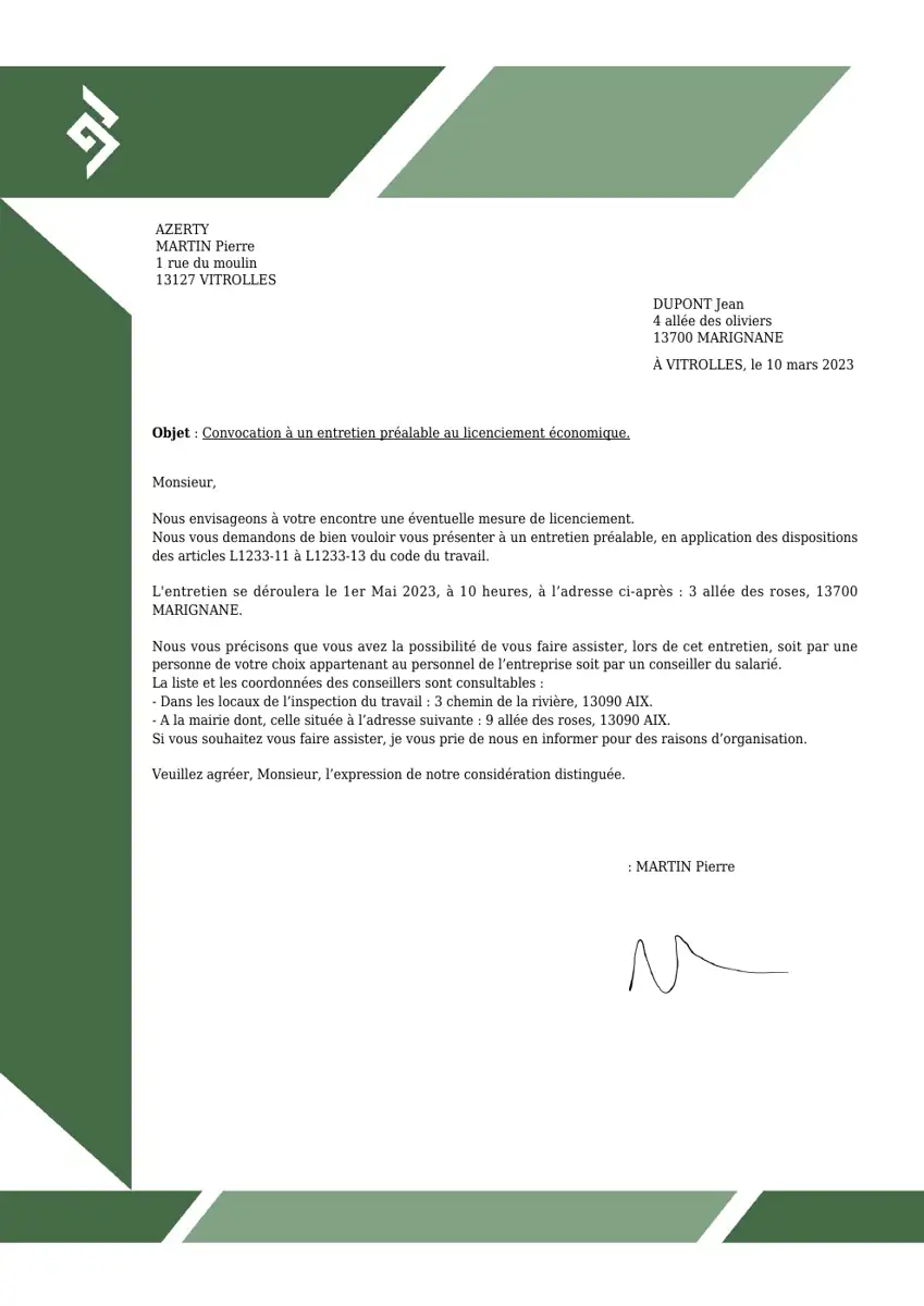 Exemple 2 — Convocation entretien préalable licenciement — page 1