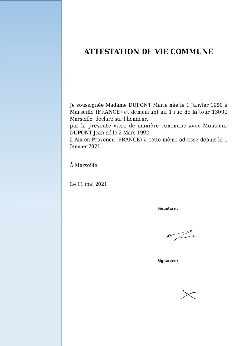 Exemple 2 — Attestation Vie Commune — page 1