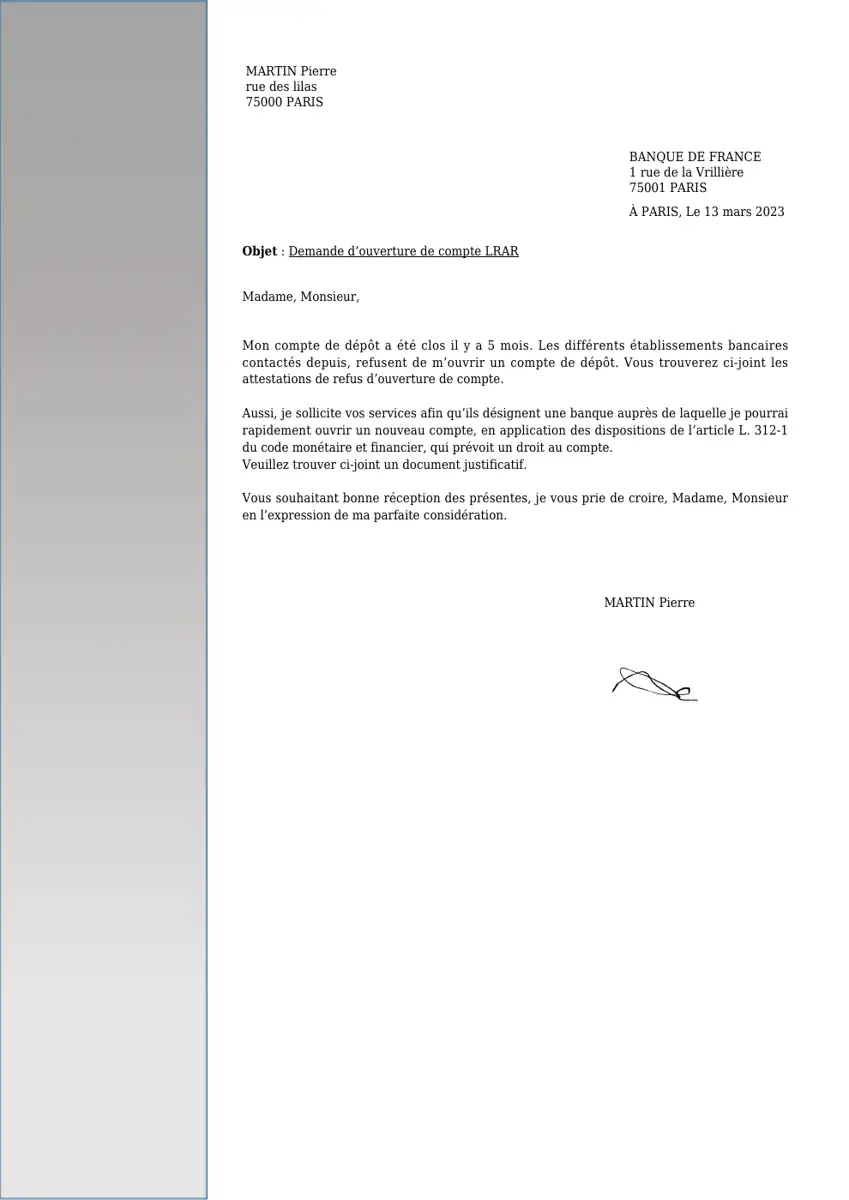 Exemple 2 — Ouverture de Compte Banque de France — page 1
