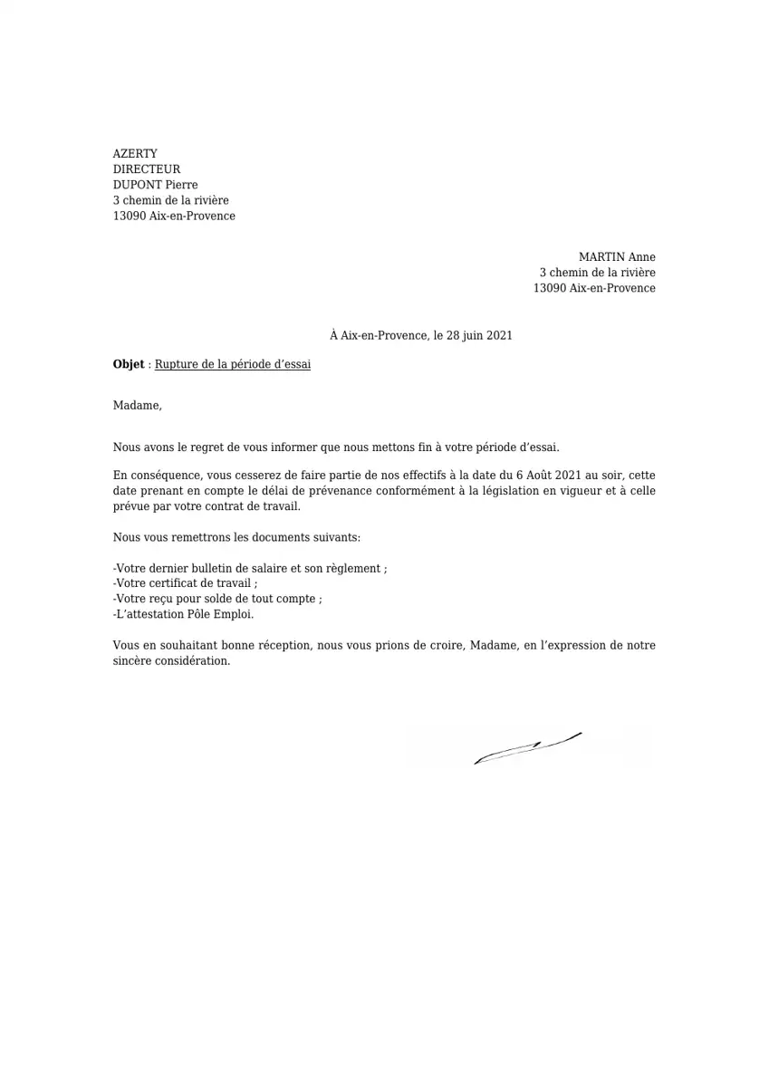 Exemple 1 — Rupture période essai employeur — page 1